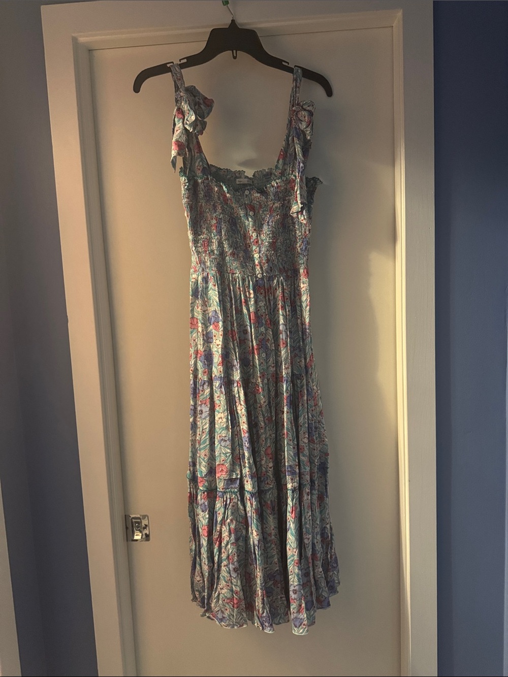 Poupette St. Barth Blue Floral Maxi Dress with Pink Accents